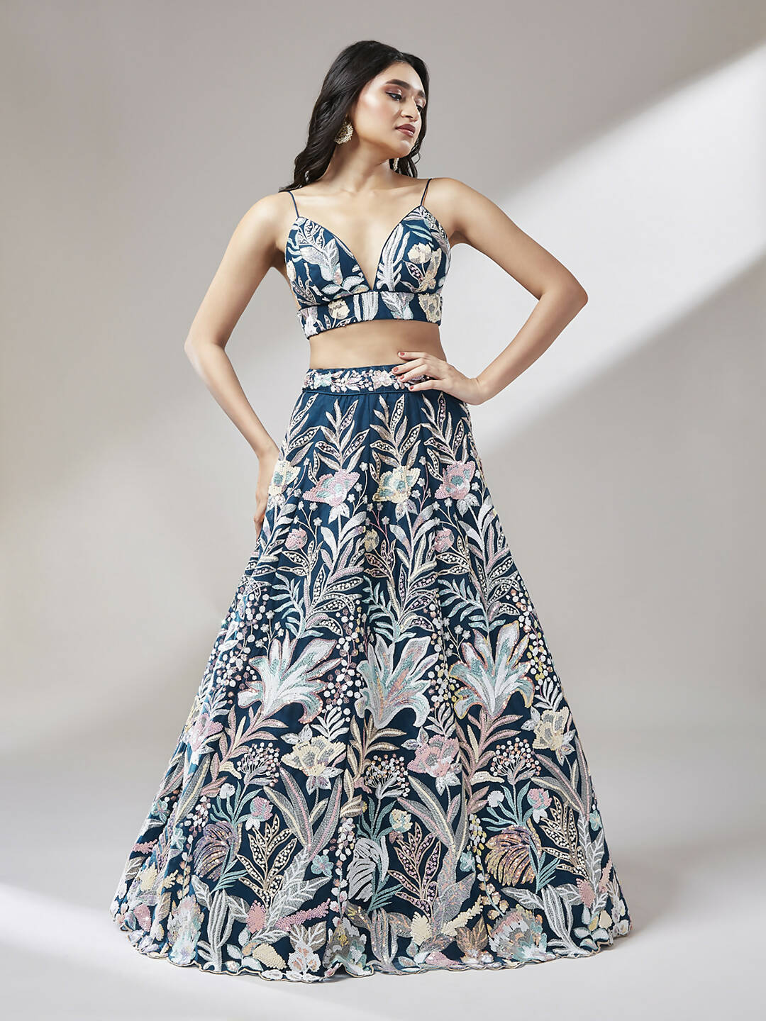 House of Panchhi Navy blue Net Sequinse Work Lehenga & Blouse with Dupatta - Distacart