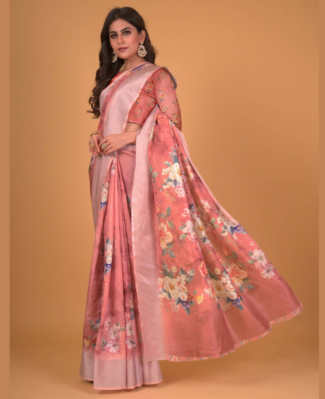 Peach Cotton Silk Floral Printed Saree With Unstitched Blouse Piece - Akshita - Distacart