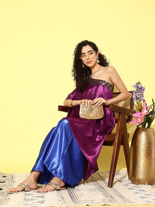 InWeave Women's Wine Navy Brocade Satin Oneshoulder Blue Palazzo Set - Distacart
