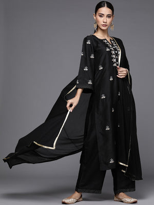 Libas Black Floral Embroidered Kurta with Palazzos & Dupatta - Distacart