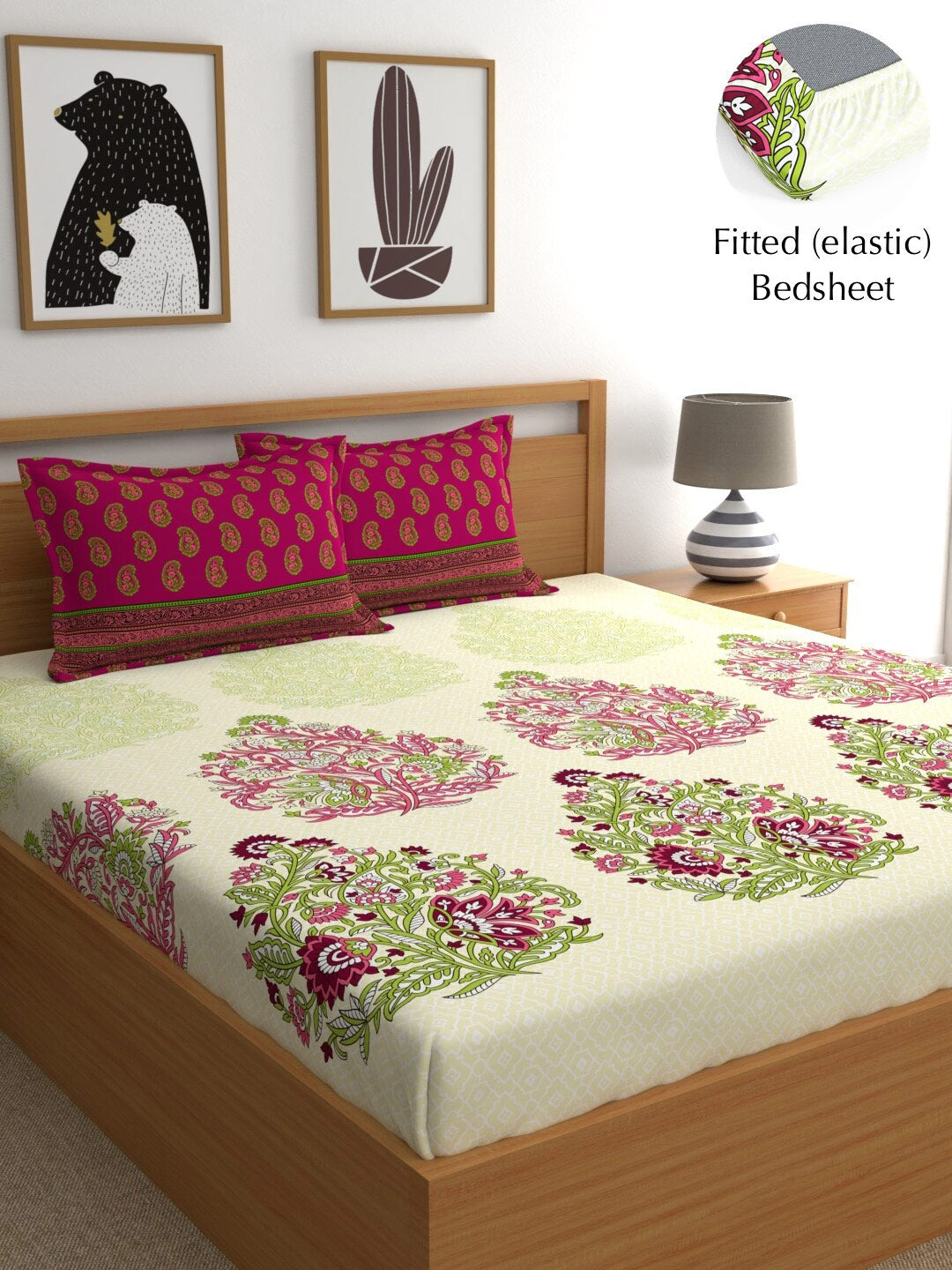 My Room Pink & Green Ethnic Motifs 140 TC Fitted Cotton King Bedsheet & Pillow Covers - Distacart
