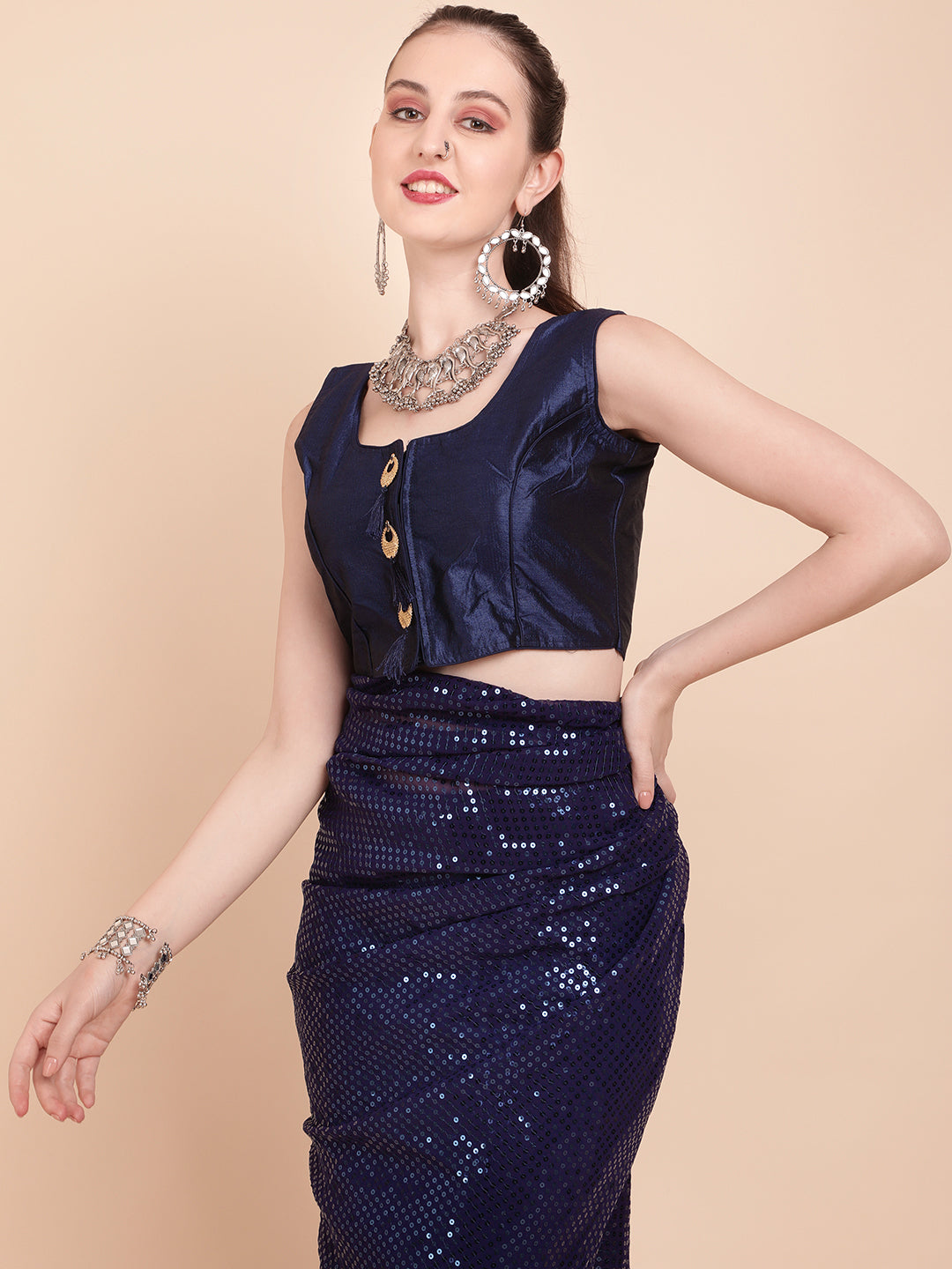 Sangria Navy Blue & Silver-Toned Sequin Embellished Pure Georgette Saree - Distacart