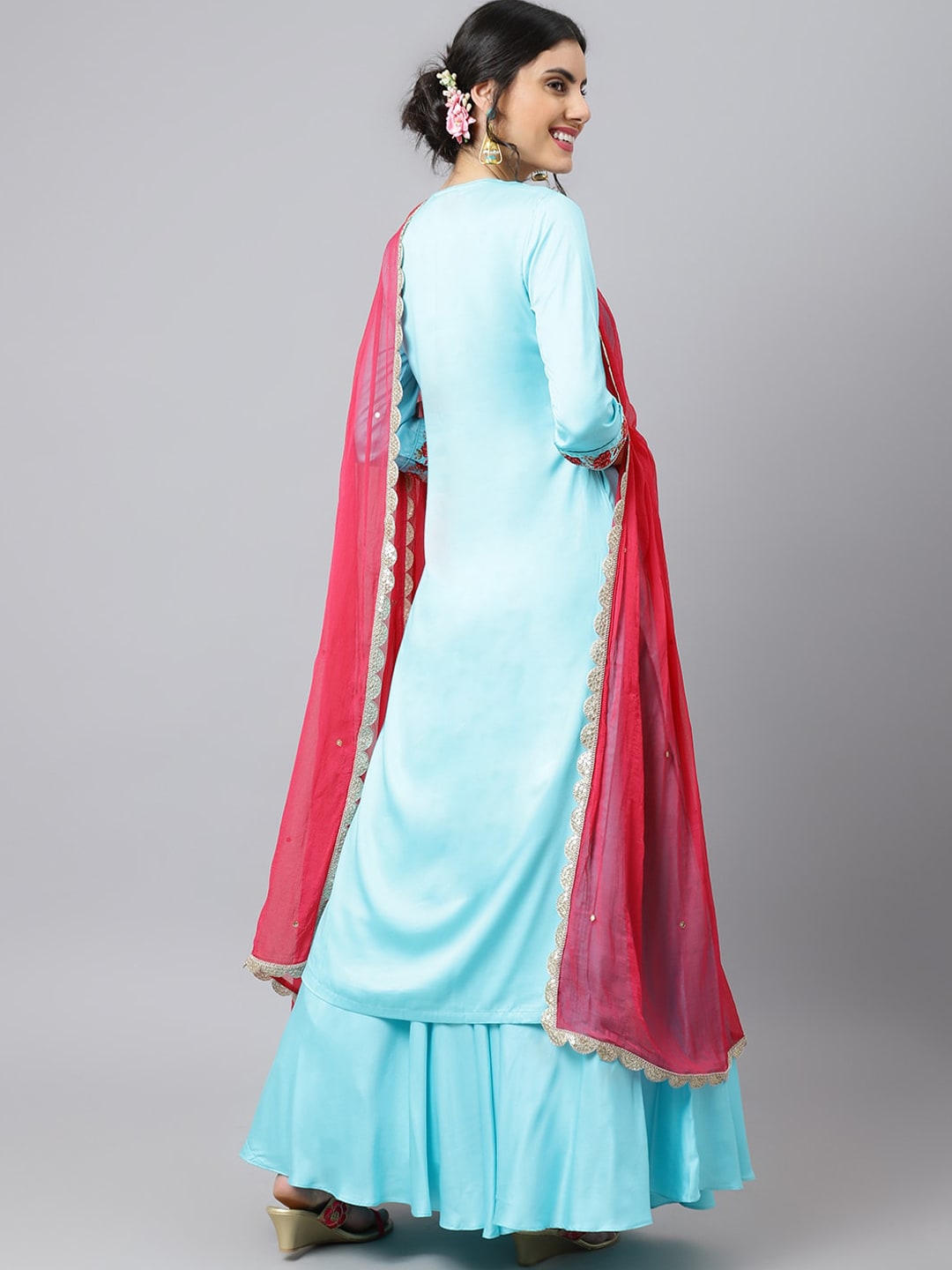 Khushal K Floral Embroidered Bones & Stones Kurta with Palazzos & Dupatta - Distacart