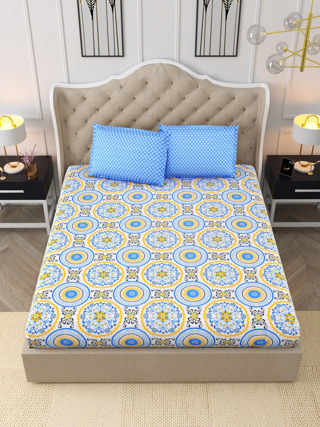 DREAM WEAVERZ Blue & Yellow Cotton Ethnic Motifs 300 TC Double Bedsheet with 2 Pillow Covers - Distacart