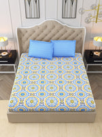 Thumbnail for DREAM WEAVERZ Blue & Yellow Cotton Ethnic Motifs 300 TC Double Bedsheet with 2 Pillow Covers - Distacart