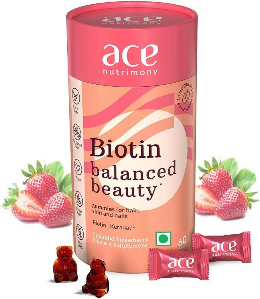 Ace Nutrimony Biotin Balanced Beauty Hair Gummies for Skin and Nails with Clinically Proven Keranat, Biotin - Strawberry - Distacart