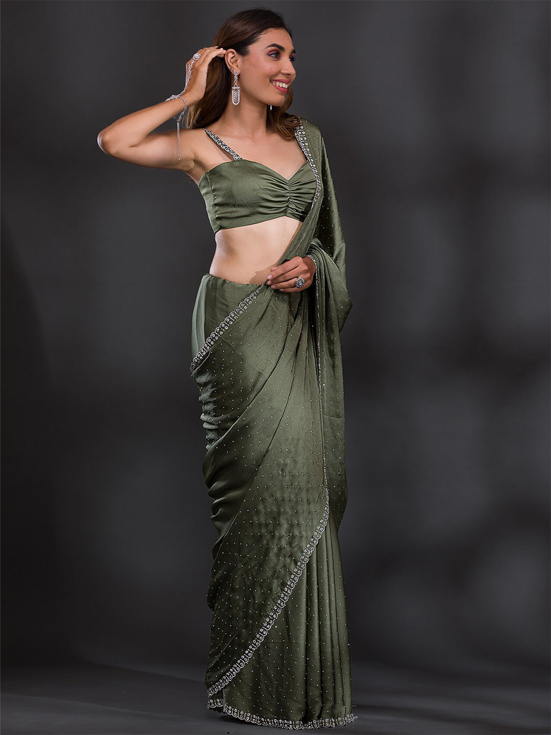 Koskii Embellished Beads and Stones Satin Saree - Distacart