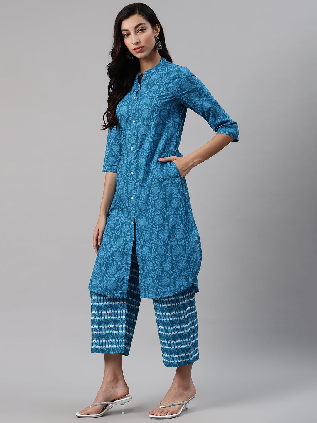Biba Women Blue Printed Kurta with Palazzos - Distacart