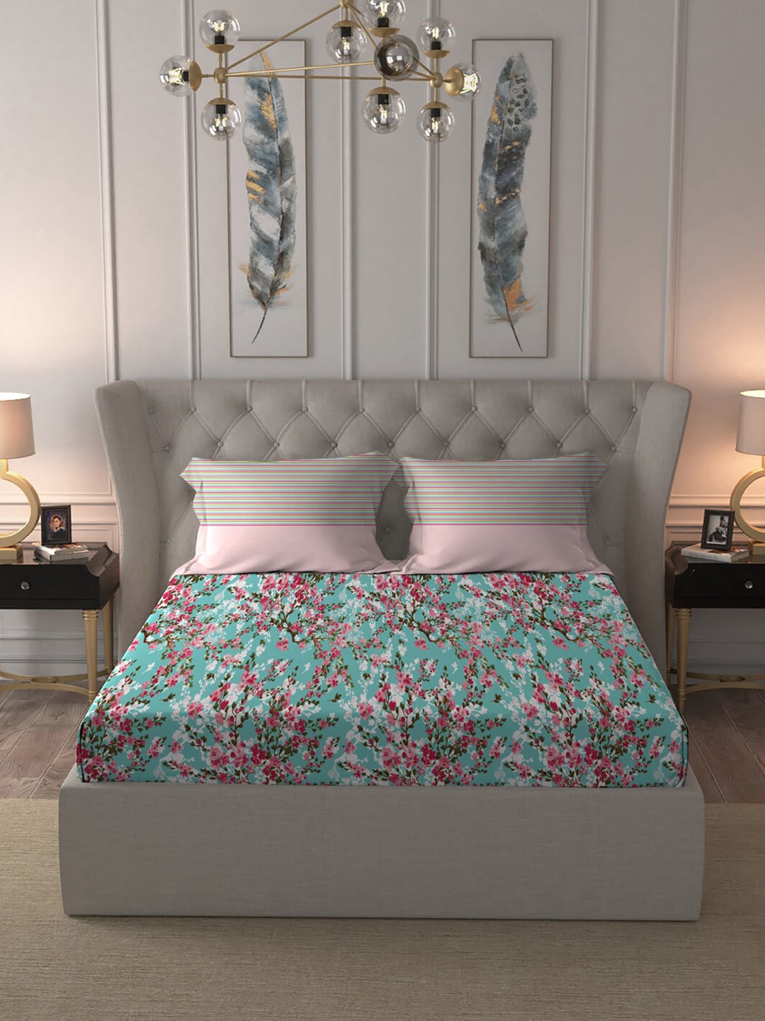 MYTRIDENT Turquoise Blue Pink Floral Pure Cotton 144 TC Queen Bedsheet 2 Pillow Covers - Distacart