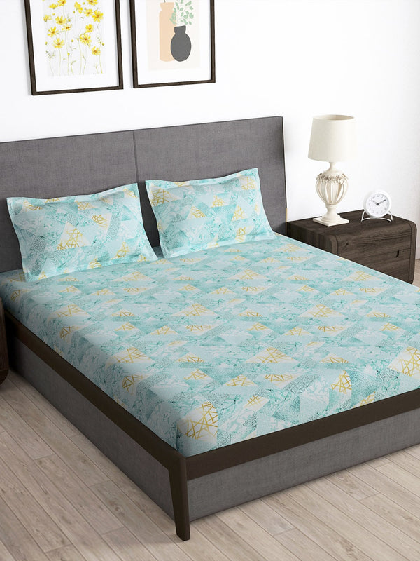 Story@home Arena Blue & Gold-Toned Printed 180 TC Bedsheet & Pillow Covers - Distacart