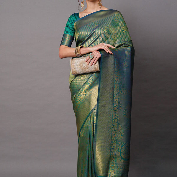 Mitera Teal & Gold-Toned Woven Design Zari Silk Blend Banarasi Saree - Distacart