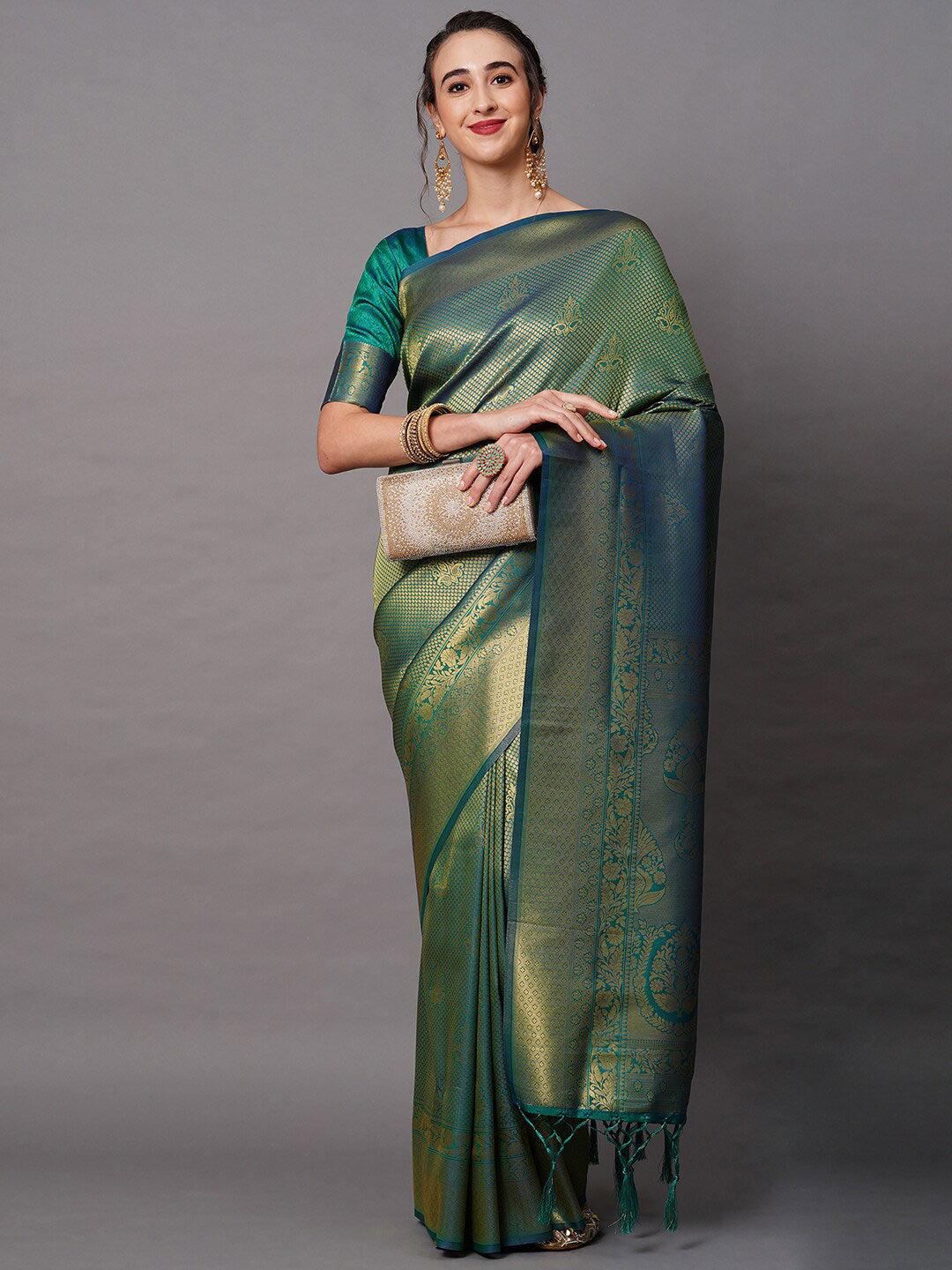 Mitera Teal & Gold-Toned Woven Design Zari Silk Blend Banarasi Saree - Distacart