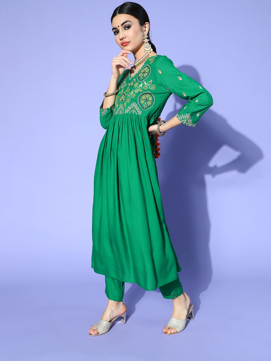Sangria Women Green Yoke Design Empire Kurta with Trousers - Distacart