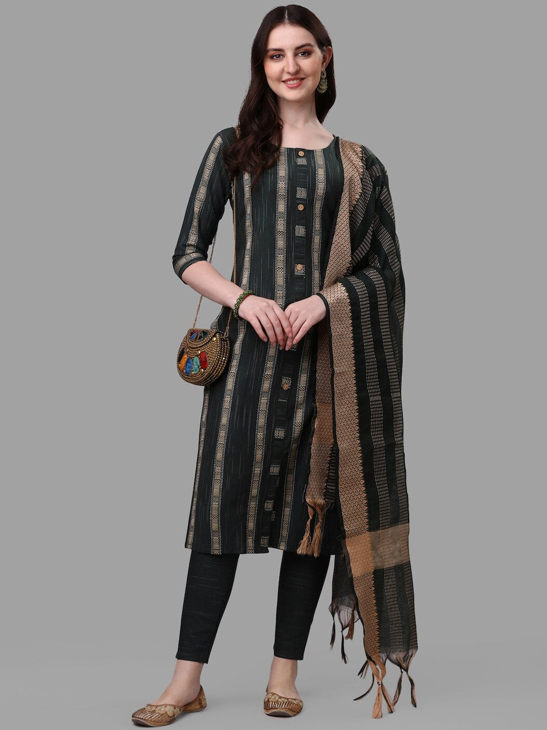 HERE&NOW Green Striped Pure Cotton Kurta With Trousers & Dupatta - Distacart