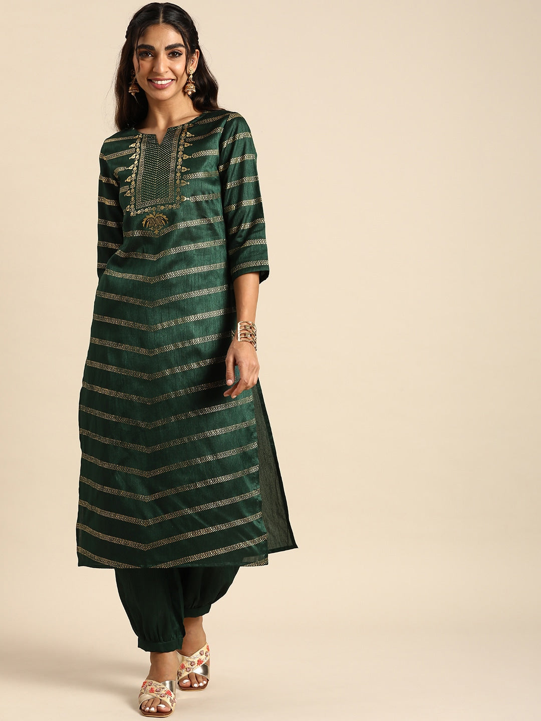 Sangria Women Green & Gold- Toned Ethnic Motifs Printed Kurta with Salwar - Distacart