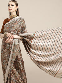 Thumbnail for Saree Mall Cream-Coloured & Brown Paisley Printed Pashmina Silk Bagru Saree - Distacart