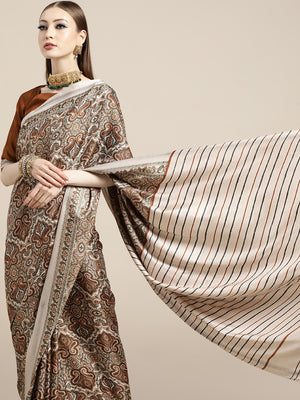 Saree Mall Cream-Coloured & Brown Paisley Printed Pashmina Silk Bagru Saree - Distacart
