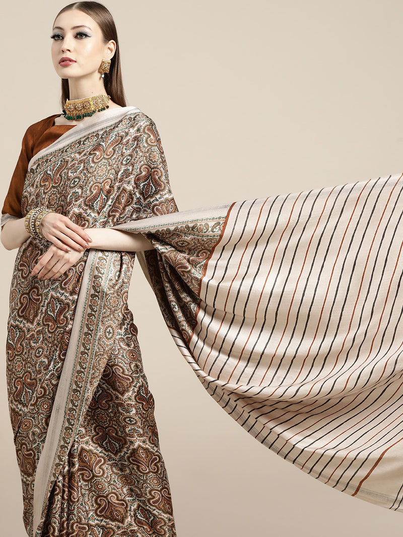 Saree Mall Cream-Coloured &amp; Brown Paisley Printed Pashmina Silk Bagru Saree - Distacart