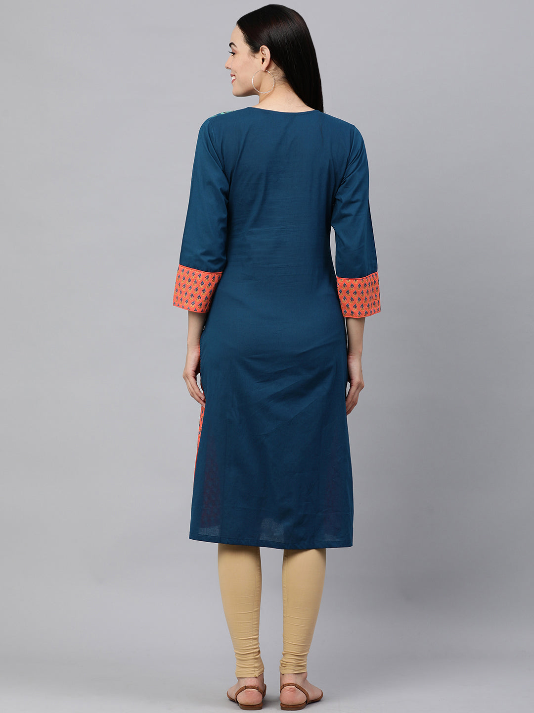 Kalini Women Navy Blue & Orange Ethnic Printed Pure Cotton Kurta - Distacart