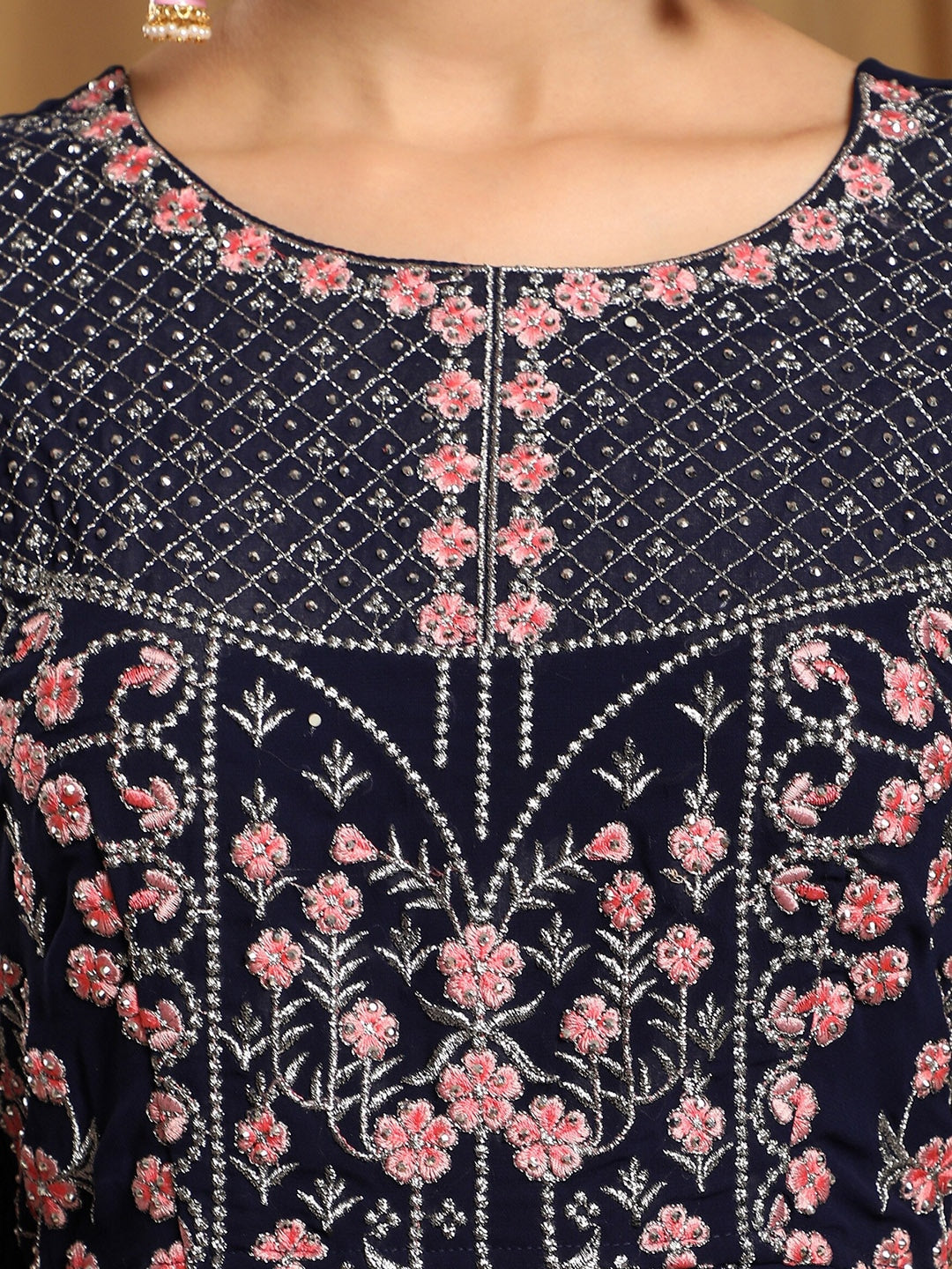 Kalini Women Navy Blue Floral Embroidered Thread Work Kurta with Sharara - Distacart