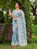 Thumbnail for Tikhi Imli Ethnic Motifs Beads and Stones Organza Heavy Work Saree - Distacart