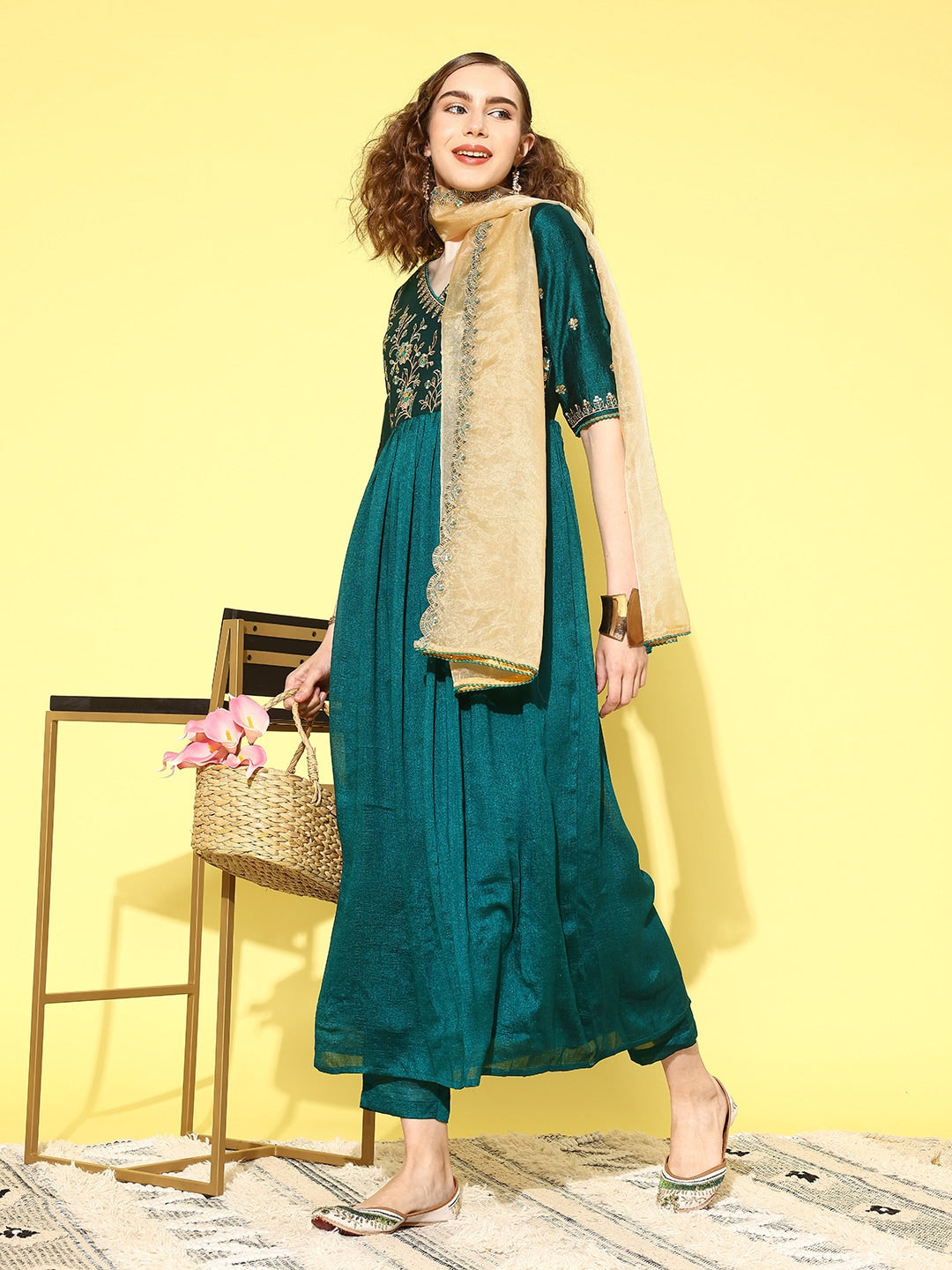 Sangria Women Floral Embroidered Angrakha Kurta with Trousers & With Dupatta - Distacart
