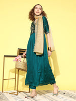 Thumbnail for Sangria Women Floral Embroidered Angrakha Kurta with Trousers & With Dupatta - Distacart