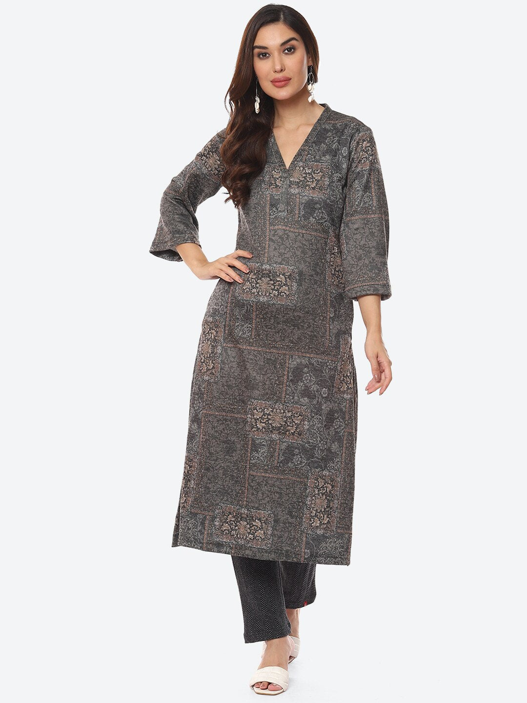 Biba Women Grey Floral Printed Straight Fit Kurta - Distacart