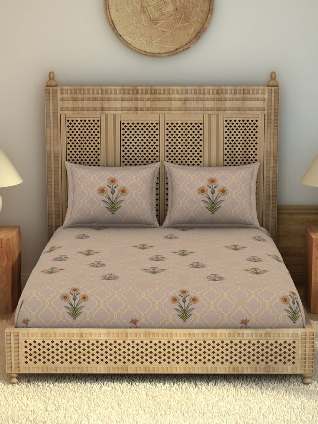 SPACES Pink & Green Ethnic Motifs Cotton 210 TC King Bedsheet With 2 Pillow Covers - Distacart