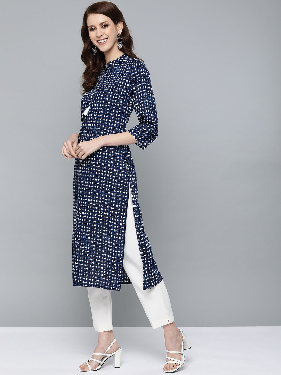 HERE&NOW Women Navy Blue & White Bandhani Print Straight Kurta - Distacart