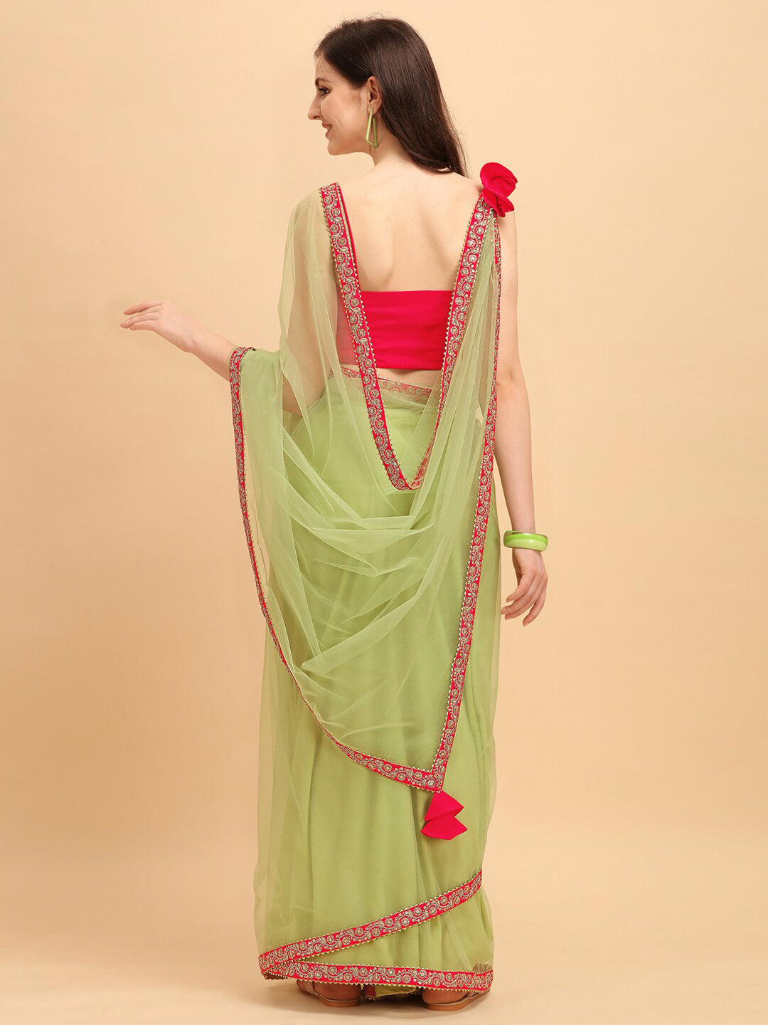 Sangria Green & Red Embroidered Net Saree - Distacart