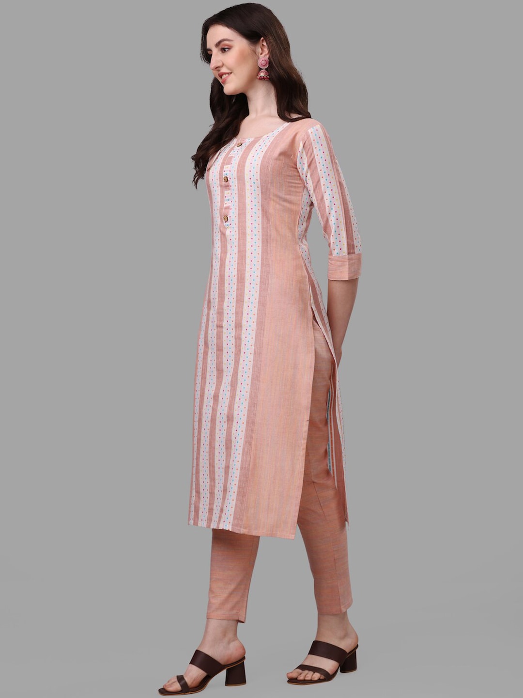 HERE&NOW Peach & White Striped Pure Cotton Kurta With Trousers & Dupatta - Distacart