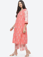 Thumbnail for Biba Women Peach-Coloured Floral Printed Pleated Pure Cotton Kurta with Trousers - Distacart