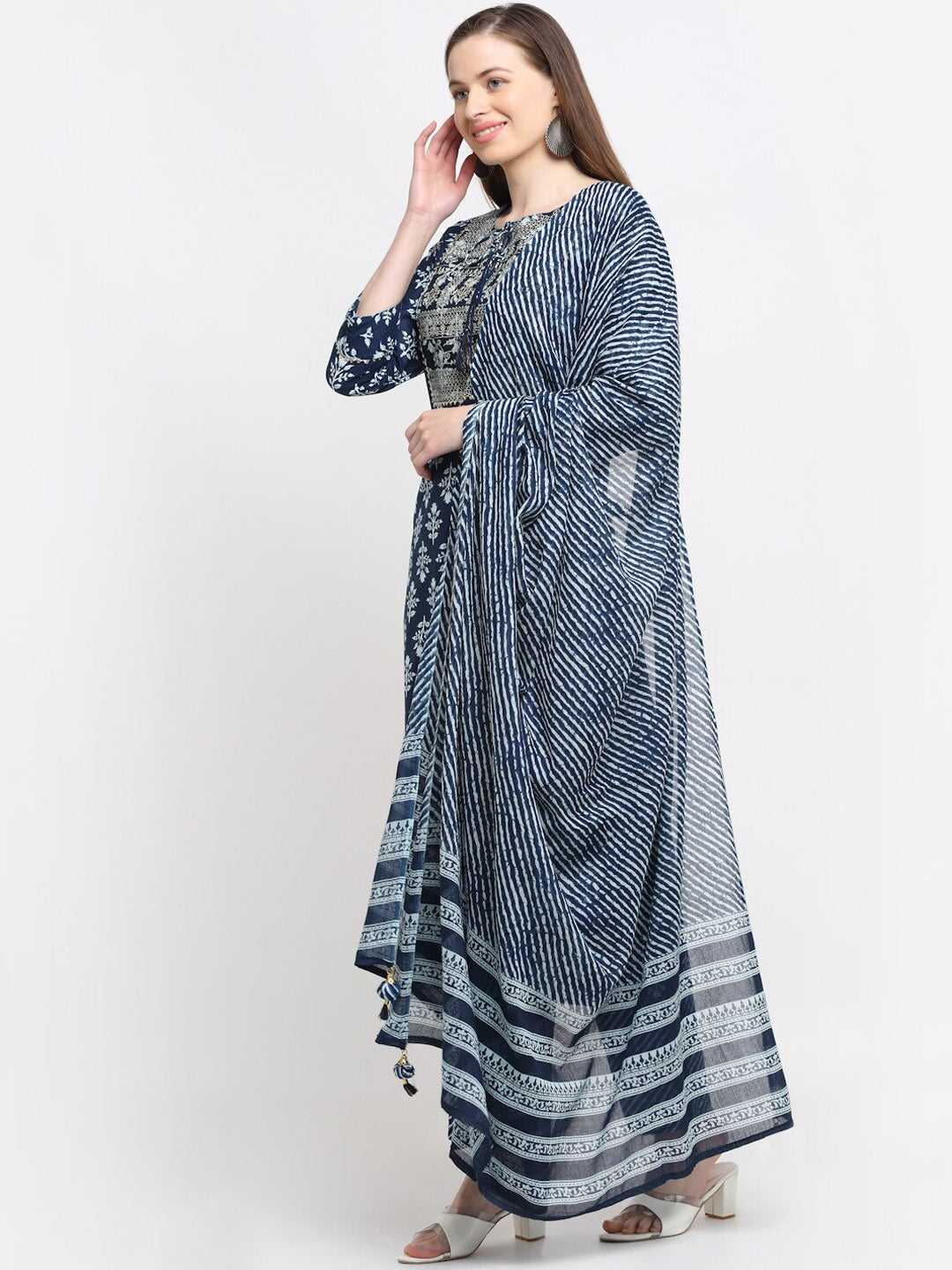 Kalini Women Navy Blue Ethnic Motifs Printed Pure Cotton Kurta with Trousers & Dupatta - Distacart