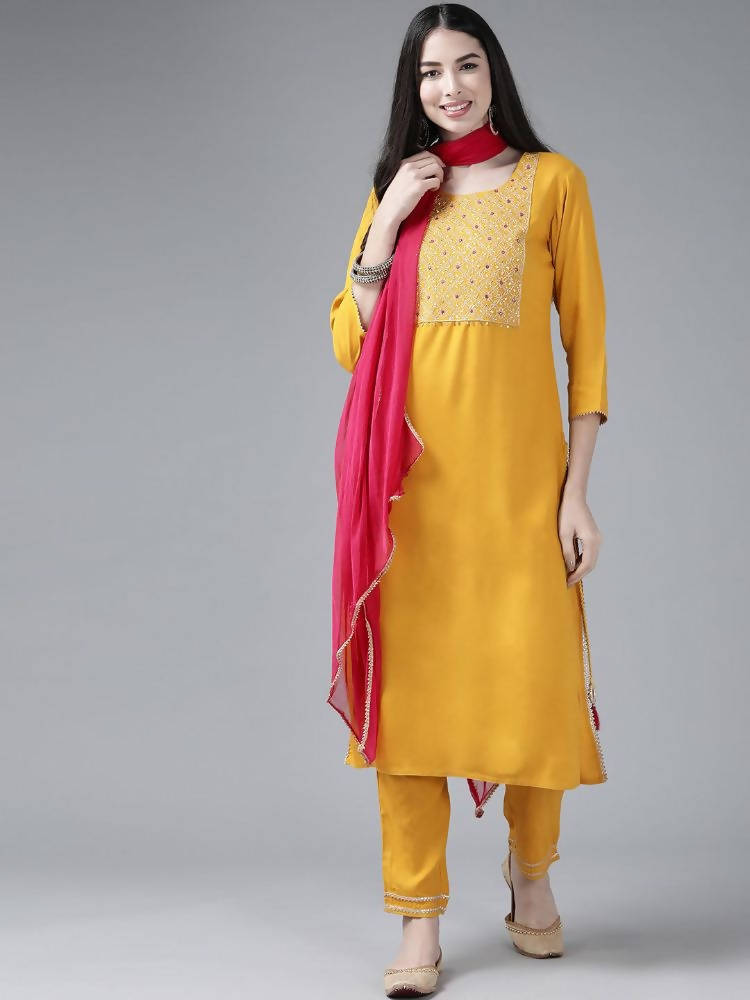 Yufta Women's Mustard Rayon Kurti With Pant Dupatta Set