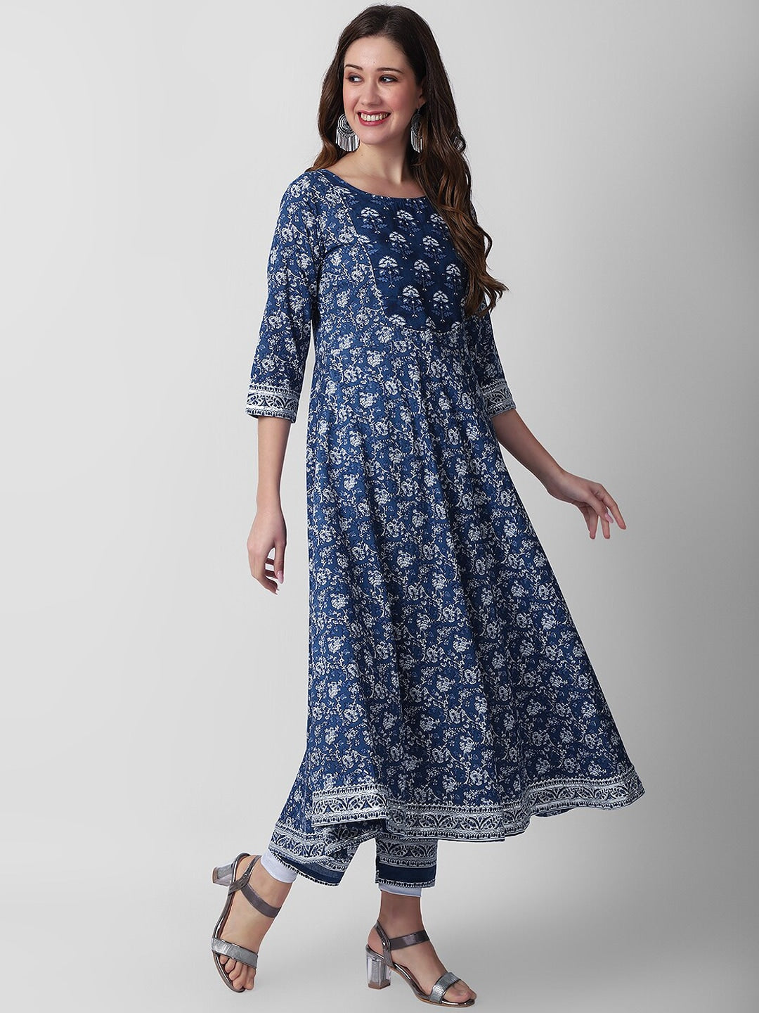 Kalini Floral Printed Anarkali Pure Cotton Kurta with Palazzos & Dupatta - Distacart