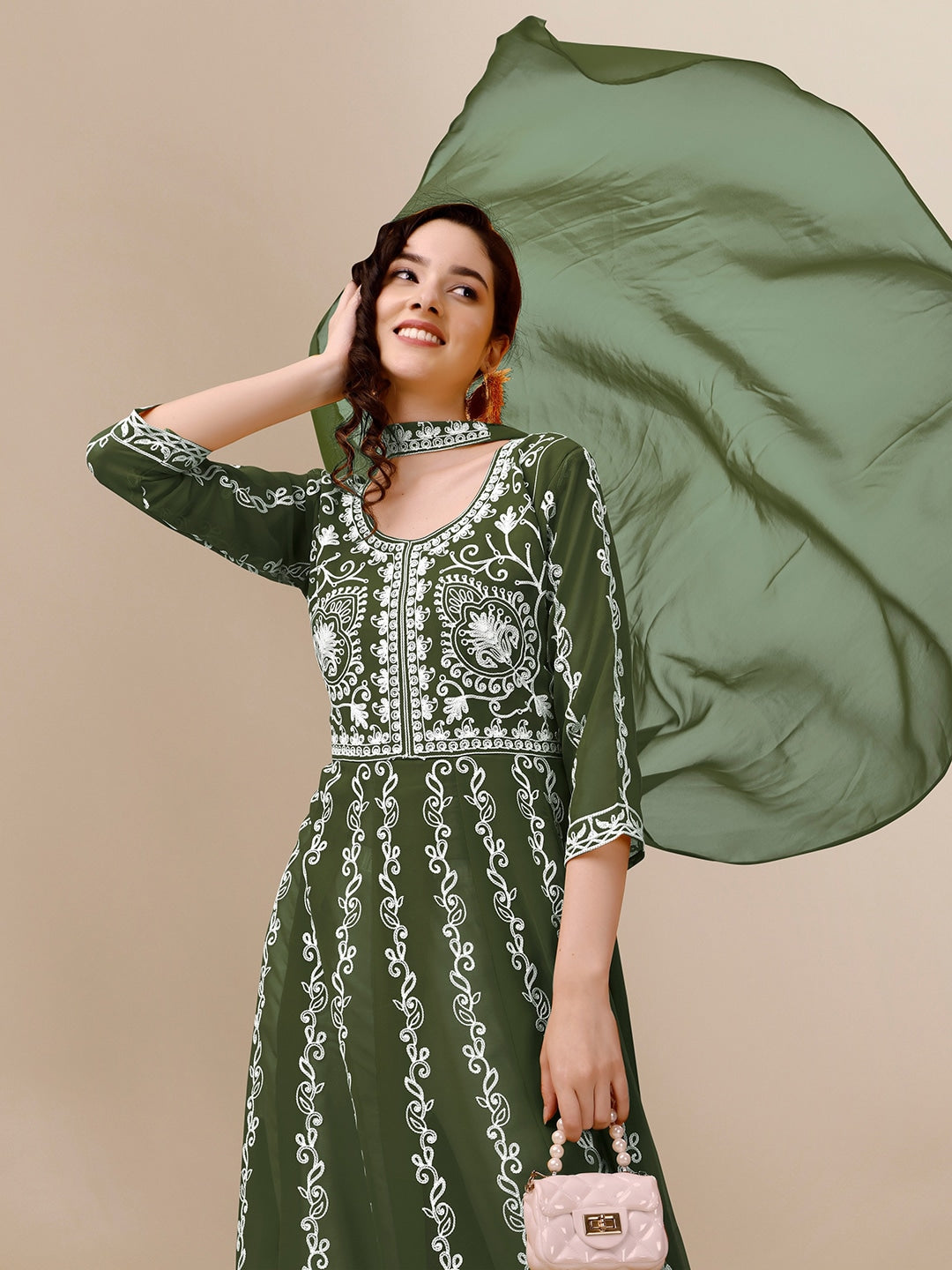 HERE&NOW Green & White Ethnic Motifs Embroidered Chikankari Kurta & Dupatta - Distacart