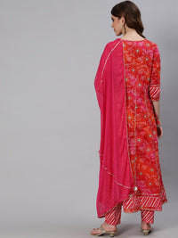 Thumbnail for Ishin Women Pink & Red Bandhani Thread Work Pure Cotton Kurta with Trousers & Dupatta - Distacart