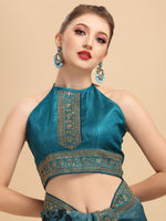 Thumbnail for Sangria Teal & White Floral Embroidered Organza Saree - Distacart