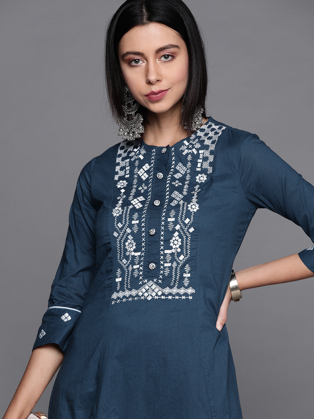 Biba Women Navy Blue & White Geometric Yoke Design Dyed Cotton Indigo Kurta - Distacart