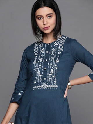 Biba Women Navy Blue & White Geometric Yoke Design Dyed Cotton Indigo Kurta - Distacart