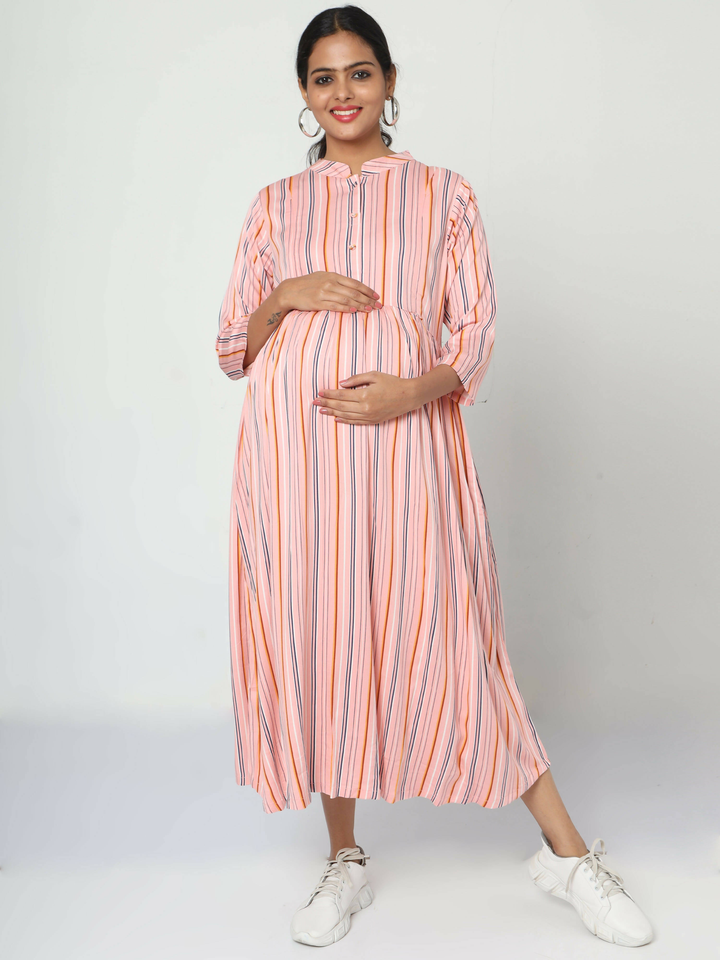 Manet Three Fourth Maternity Dress Strip Print With Concealed Zipper Nursing Access - Pink - Distacart