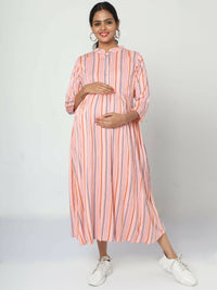 Thumbnail for Manet Three Fourth Maternity Dress Strip Print With Concealed Zipper Nursing Access - Pink - Distacart