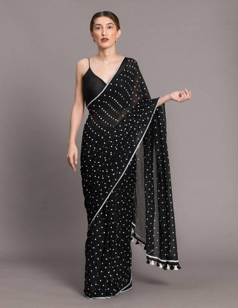 Suta Black White Polka Dots Printed Pure Cotton Saree - Distacart