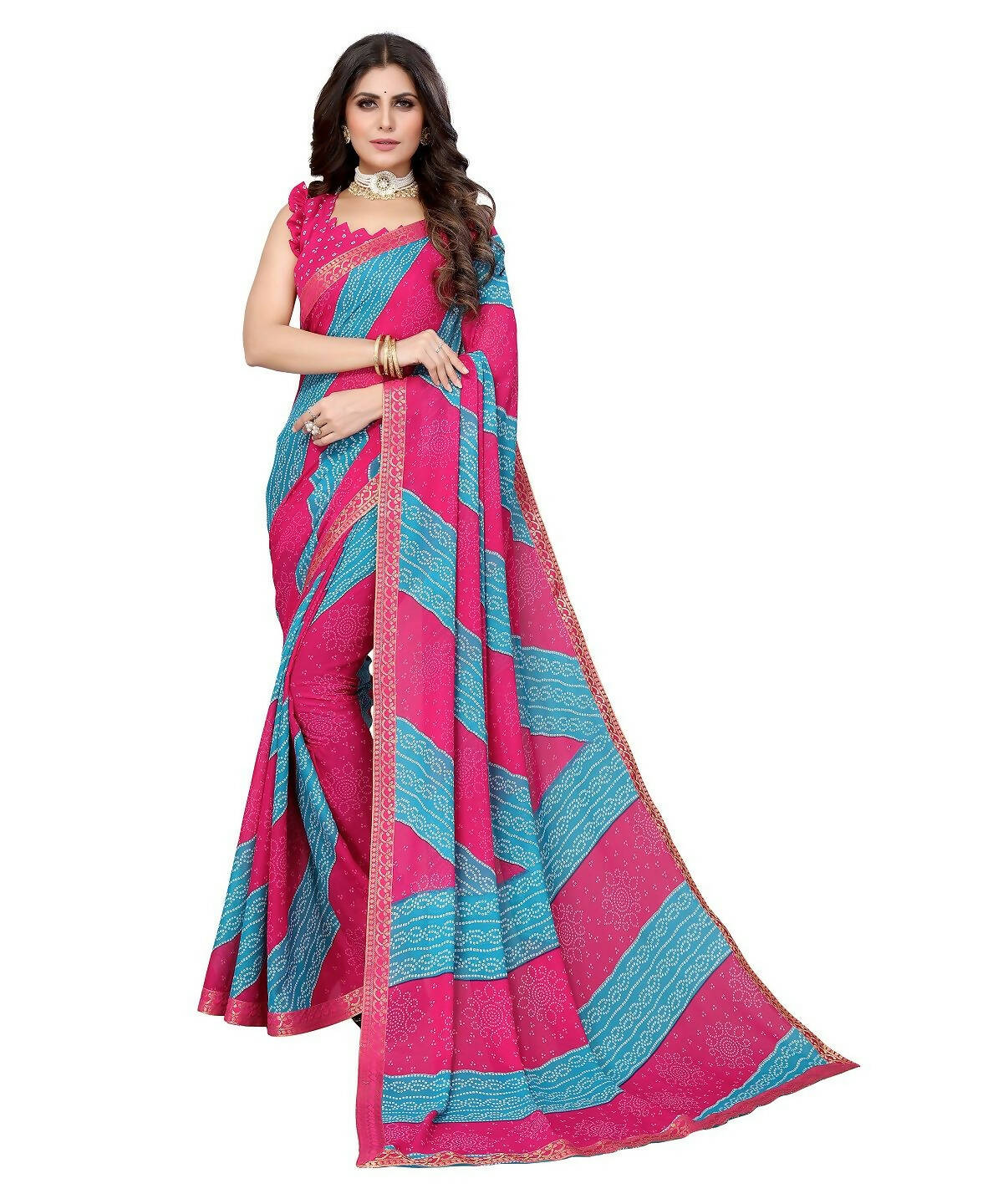 Vamika Pink Georgette Printed With Lace Saree (MANYA PINK SKY BLUE) - Distacart