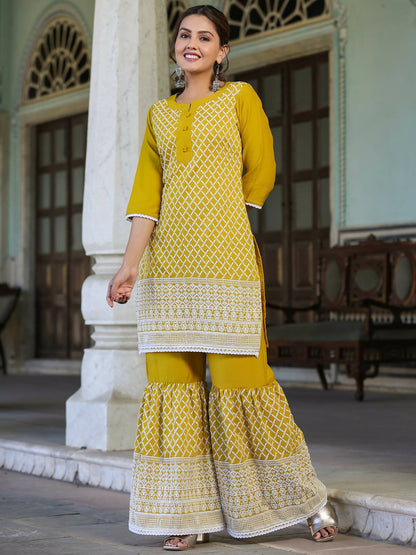 Juniper Women's Mustard Chinnon Embroidered Kurta Garara Set - Distacart