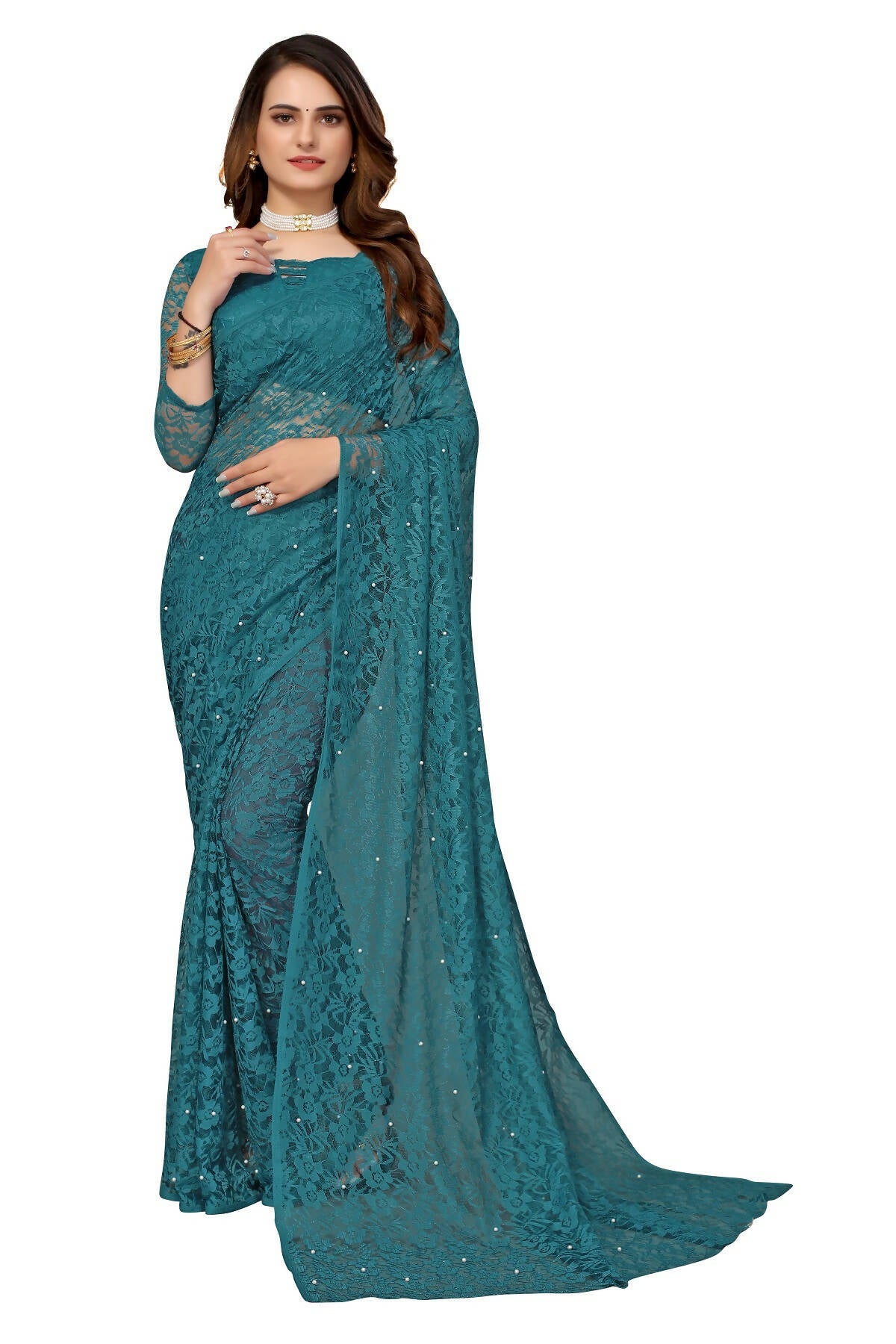 Vamika Rama Green Pearls Net Saree - Distacart