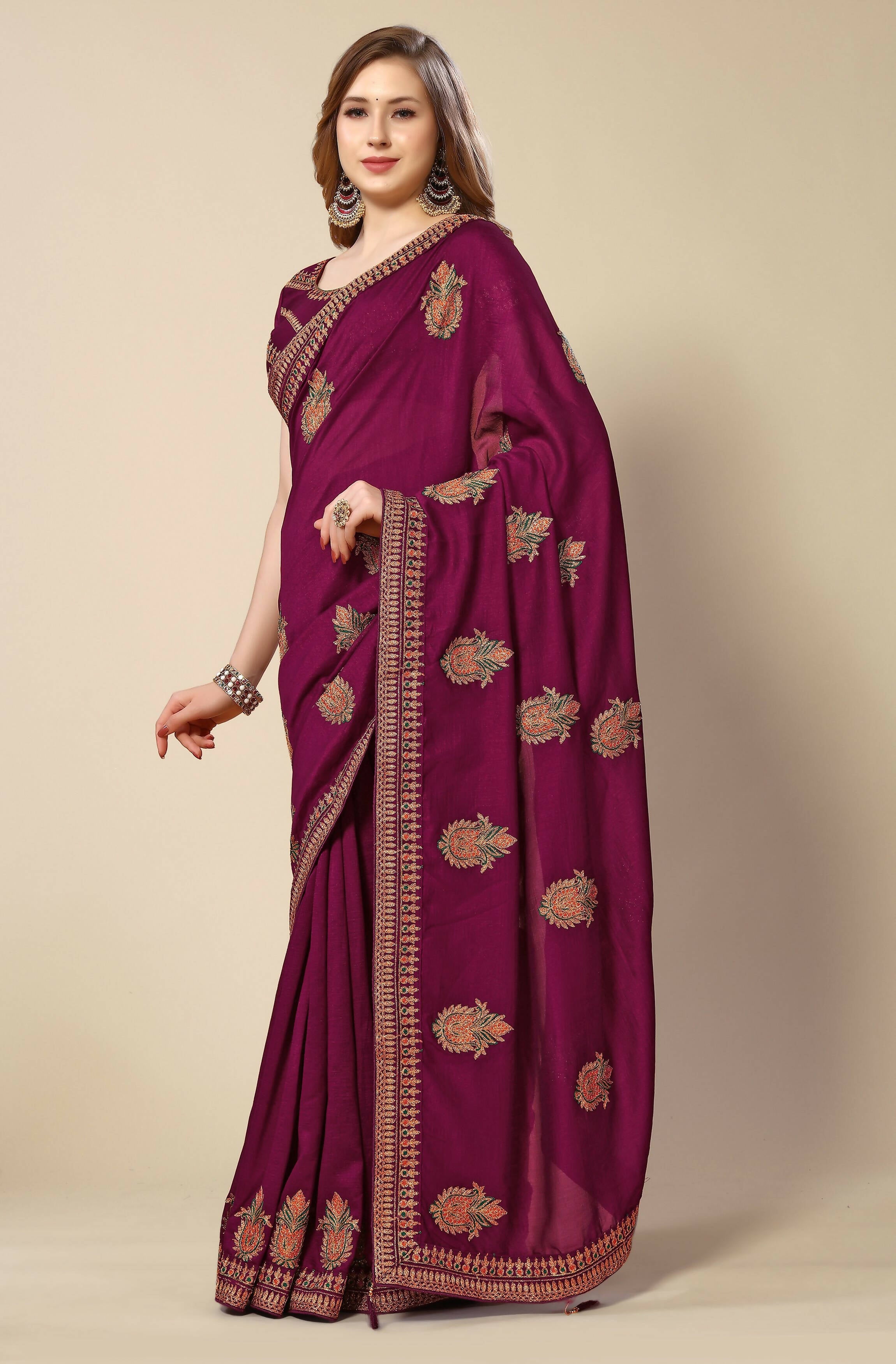 Wine Chinon Embroidered Saree with Unstitched Blouse Piece - Roozal - Distacart