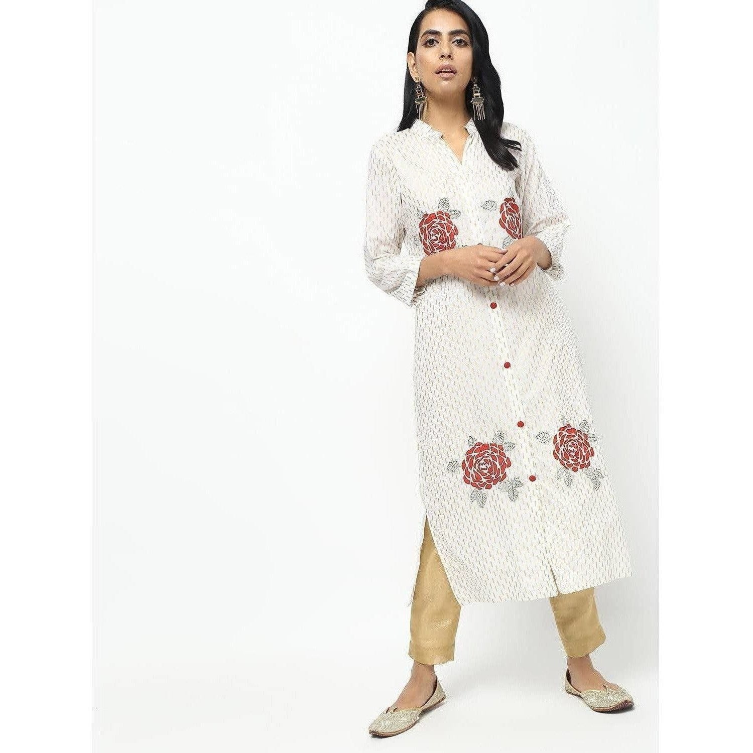 Cheera Off White Straight Foil Printed Long Kurta
