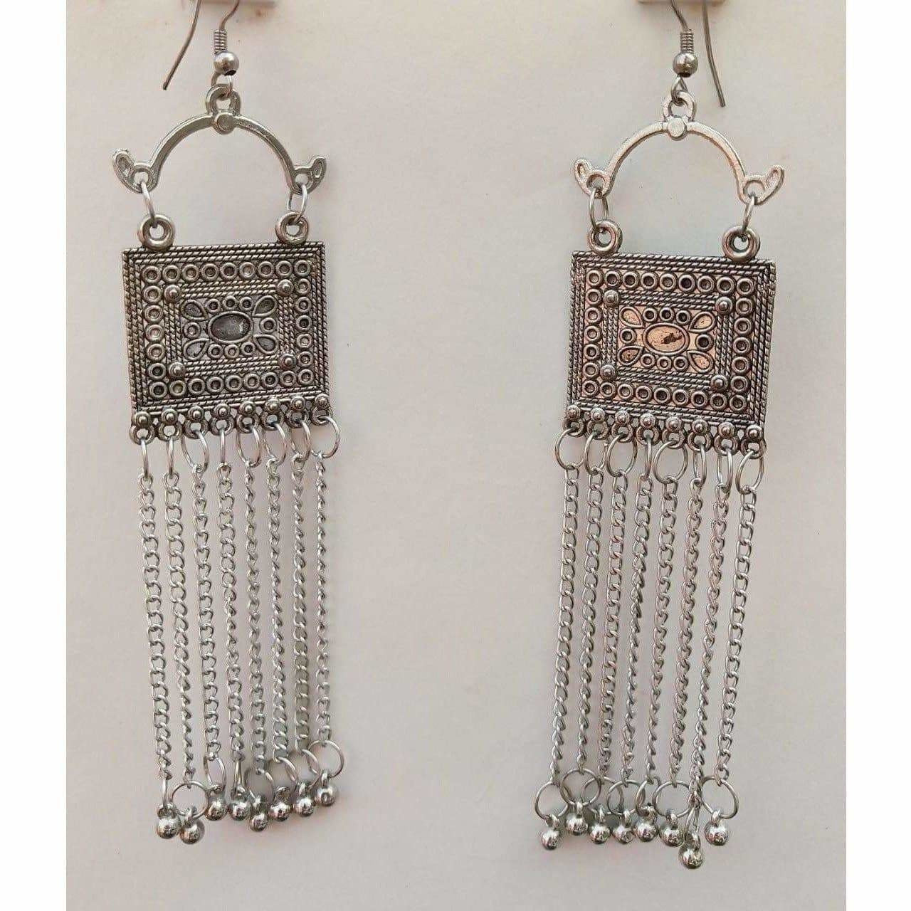 Fancy Party Wear Silver Oxidized Long Tassel Chain Earrings
